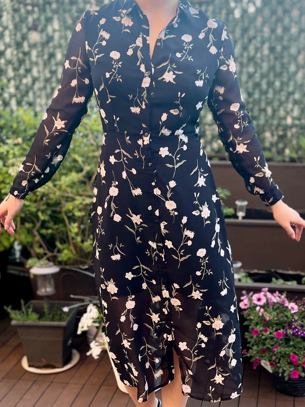 Befree Black Floral Sheer Midi Shirt Dress Size S Long Sleeve Button Front